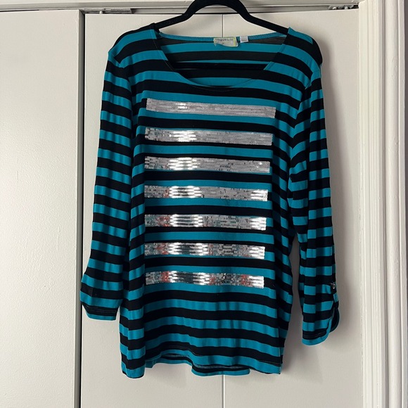Onque Sport Sequin Striped Top Long Sleeve Tunic Blouse Casual XL - Picture 1 of 4